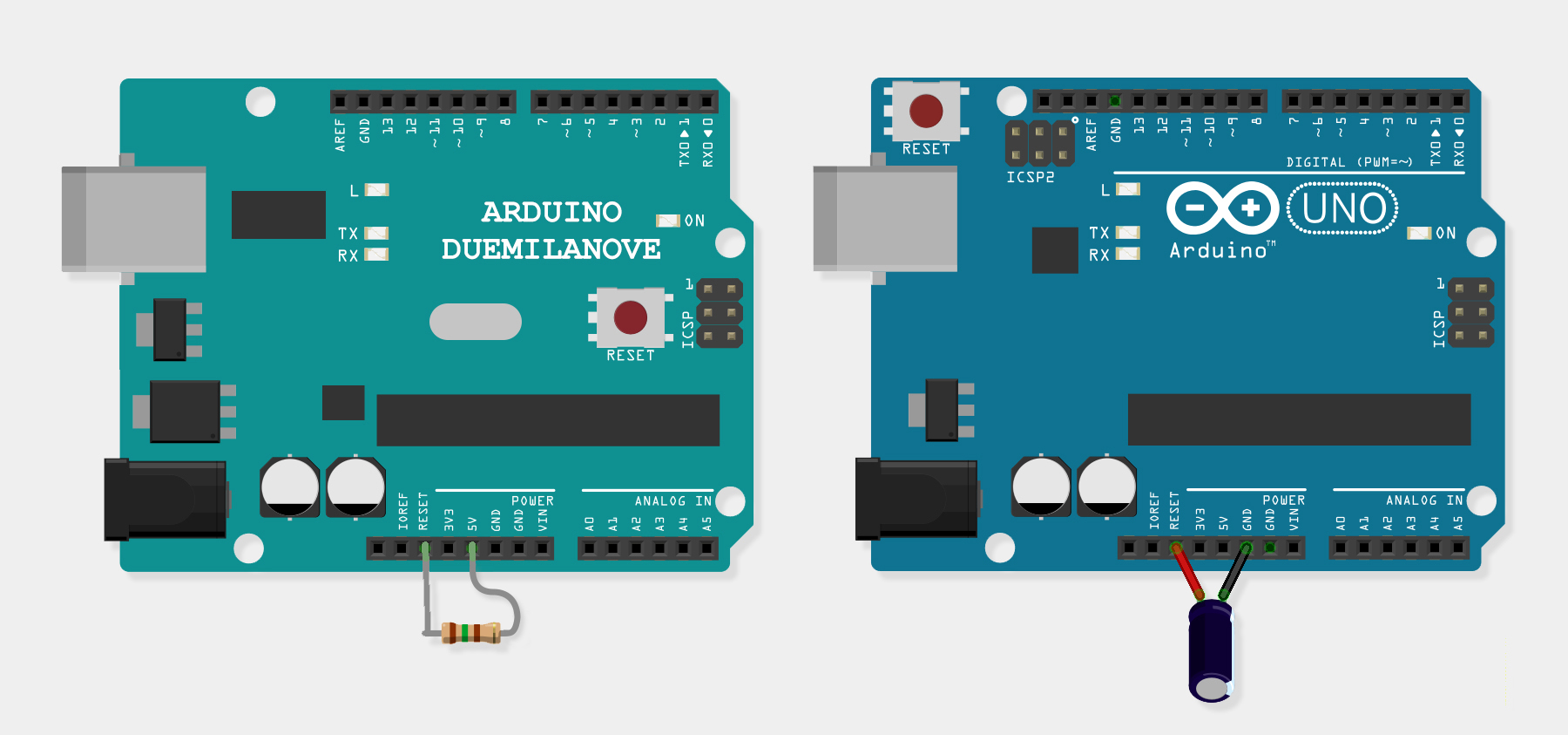 Arduino Duemilenove en Arduino Uno als ISP